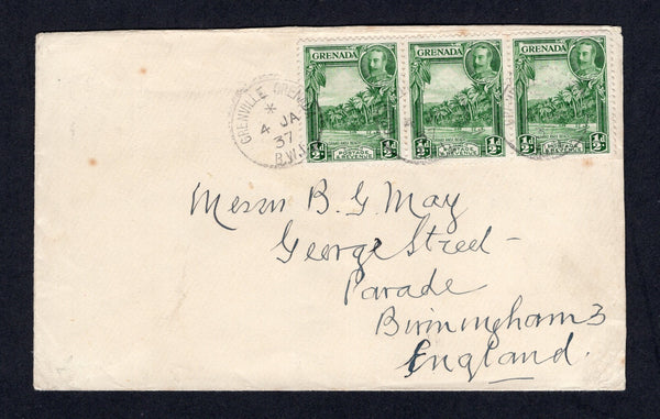 GRENADA - 1937 - CANCELLATION: Cover franked with strip of three 1934 ½d green GV issue (SG 135) tied by GRENVILLE cds's dated 4 JAN 1937. Addressed to UK with transit cds on reverse.  (GRE/32874)