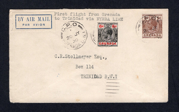 GRENADA - 1930 - FIRST FLIGHT: Cover with typed 'First flight from Grenada to Trinidad via NYRBA LINE' at top franked with 1921 1d brown and 6d black & carmine GV issue (SG 114 & 126) tied by GPO GRENADA cds's dated 20 JUL 1930 with blue & white airmail label at top left. Addressed to TRINIDAD with arrival cds dated the same day on reverse. A scarce flight. (Muller #1, 221 covers flown)  (GRE/41807)