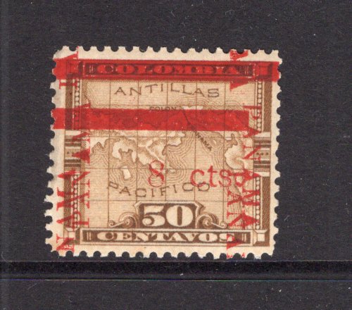 PANAMA - CANAL ZONE - 1904 - PROVISIONAL ISSUE, UNISSUED & VARIETY: 8c on 50c bistre brown MAP issue of Panama with Fourth Panama overprint and '8 cts.' overprint Type 4, a mint copy with variety 'CANAL ZONE' OVERPRINT OMITTED and variety PANAMA OVERPRINT DOUBLE. Stamp has sweated gum. Very scarce. (Scott #20 variety, SG 18 variety)  (PAN/31190)