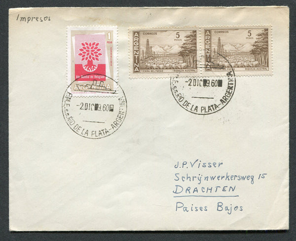 ARGENTINA - 1960 - TRAVELLING POST OFFICES: Cover franked with 1959 pair 5p bistre brown & 1p carmine red & bistre brown (SG 952 & 969) tied by two fine strikes of F.M.E. S.S. RIO DE LA PLATA 'Ship' cancel. Addressed to HOLLAND.  (ARG/10152)