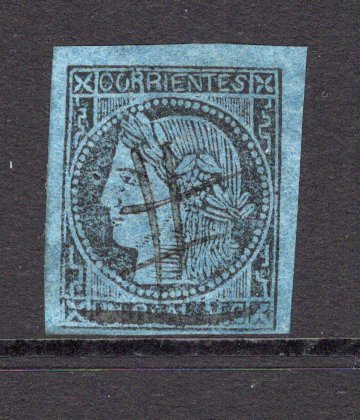 ARGENTINA - CORRIENTES - 1860 - CLASSIC ISSUES: 'I REAL M.C.' black on blue 'Ceres' issue with value crossed through in manuscript and sold as a 3c stamp. A fine used copy with manuscript 'Hash' cancel of CORRIENTES. Four good to large margins. No faults. A superb copy of a rare stamp. (SG P57)  (ARG/33553)