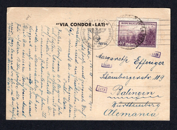 ARGENTINA - 1940 - AIRMAIL: 'Felices Fiestas' LATI Christmas greetings airmail postcard depicting the Lati emblem in white on a blue background franked with 1936 40c purple & mauve (SG 658) tied by BUENOS AIRES cds dated 19 DEC 1940. Addressed to GERMANY with Nazi censor mark and small LATI numeral markings all on front. A rare card in used condition.  (ARG/38640)