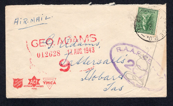 AUSTRALIA  -  1943  -  MILITARY & NORTHERN TERRITORY: WWII YMCA airmail cover franked with 1937 4d green 'Koala' issue (SG 188)  tied by AIR FORCE P.O. No 21 cds located at DARWIN in the NORTHERN TERRITORY. Addressed to HOBART, TASMANIA with oval R.A.A.F. CENSOR 287 marking in purple and Censor's signature on front.  (AUS/114)