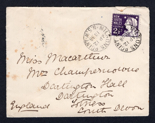 AUSTRALIAN STATES - NEW SOUTH WALES  -  1898  -  NEW SOUTH WALES - CANCELLATION: Cover franked 1897 2½d deep violet (SG 296) tied by fine MILSONS POINT cds with second strike alongside.  Addressed to UK with SYDNEY Transit and TOTNES arrival cds on reverse.  (AUS/133)