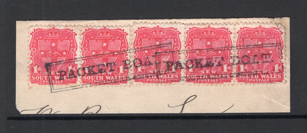 AUSTRALIAN STATES - NEW SOUTH WALES - 1897 - CANCELLATION & MARITIME: Circa 1897. 1d rose carmine strip of five tied on piece by two complete strikes of boxed 'PACKET BOAT' cancel in black. Very attractive. (SG 290)  (AUS/24067)