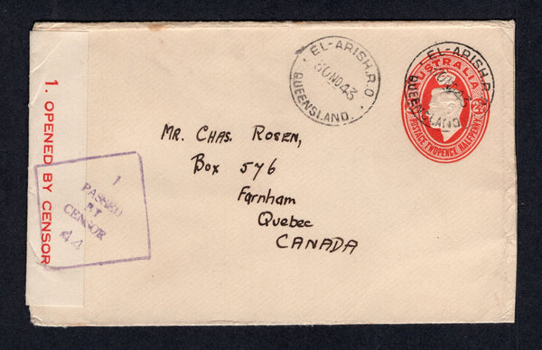 AUSTRALIA - 1943 - CANCELLATION & MILITARY: 2½d red on cream manilla GVI postal stationery envelope (H&G B26, used 3 years before the H&G date) used with two fine strikes of EL- ARISH R.O. cds (Railway Office) dated 30 NO 1943. Addressed to CANADA and censored with printed red on white '1. OPENED BY CENSOR' strip at left with diamond '1 PASSED BY CENSOR 44' marking in purple. El Arish was a Military 'Soldier's' town established in 1921 but is now a small rural town with a population over just over 300.  (A