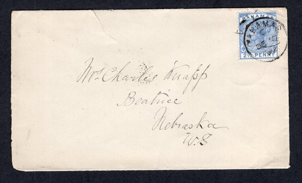 BAHAMAS - 1892 - CANCELLATION: Cover with fair strike of GOVERNOR'S HARBOUR originating cds dated DEC 9 1892 on flap franked with 1884 2½d dull blue QV issue (SG 50) with unclear manuscript cancel of Governor's Harbour and also cancelled in transit with BAHAMAS cds dated DEC 10 1892 with second strike on reverse. Addressed to USA with various other transit marks all on reverse. Cover has a small opening tear at top left away from stamp.  (BAH/40572)