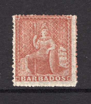 BARBADOS - 1861 - CLASSIC ISSUES: 4d dull brown red 'Britannia' issue, no watermark, rough perf 14 - 16. A fine mint copy with full O.G. (SG 26)  (BAR/11126)