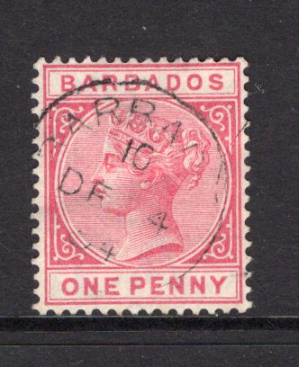 BARBADOS - 1882 - CANCELLATION: 1d rose QV issue used with good part strike of BARBADOS '10' cds of ST. PETER dated DEC 4 1884. (SG 91)  (BAR/40490)