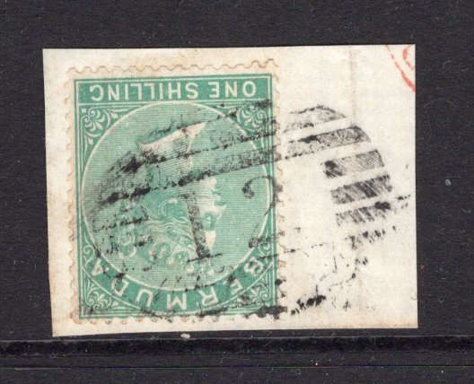 BERMUDA - 1865 - CANCELLATION: 1/- green QV issue tied on piece by superb strike of horizontal barred oval '12' cancel in black. Believed to be HARRINGTON SOUND. One of the rarest cancellations of Bermuda. (SG 8, cancel rated 15,000 points in Proud)  (BER/28974)
