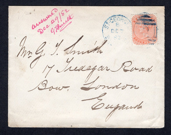BERMUDA - 1882 - QV ISSUE: Cover franked with single 1880 4d orange red QV issue (SG 20) tied by ST GEORGES cds & numeral '2' duplex cancel in blue dated DEC 7 1882. Addressed to UK.  (BER/28990)