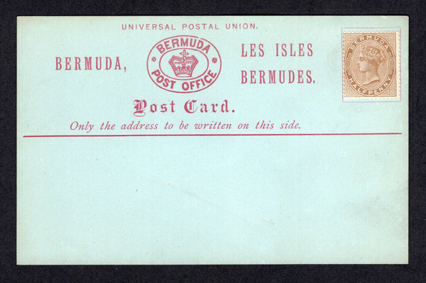 BERMUDA - 1880 - POSTAL STATIONERY: ½d brown & red on blue postal stationery card (H&G 1) with 1880 ½d stone QV stamp added for postage (SG 19). A fine unused example.  (BER/39560)