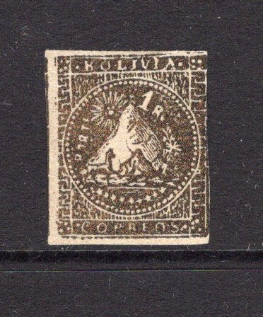 BOLIVIA - 1859 - UNISSUED: 1r black 'Garcia' type PREPARED FOR USE BUT UNISSUED, a fine unused copy, four margins, tight at right. Scarce.  (BOL/35524)
