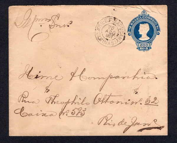 BRAZIL - 1907 - TRAVELLING POST OFFICES: 200rs blue on white postal stationery envelope (H&G B20) used with good strike of C. AMB. -E.F. SAPUCAHY (MINAS) travelling post office cds. Addressed to RIO DE JANEIRO with partial strike of AMBTE RIO S-R-6 cds and RIO DE JANEIRO arrival cds both on reverse.  (BRA/26529)
