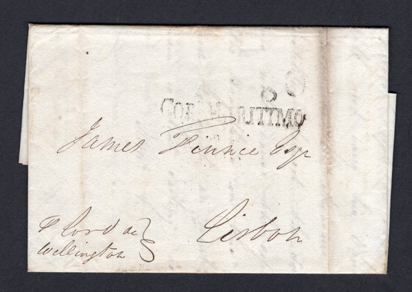 BRAZIL - 1821 - TRANSATLANTIC MAIL & MARITIME: Complete folded letter datelined 'Pernambuco 19 April 1821' with manuscript 'Abord de Wellington' ship endorsement on front with '80r' rate marking and light strike of straight line 'CORo MARITIMO' marking in black. Addressed to PORTUGAL with light arrival mark on reverse.  (BRA/36323)