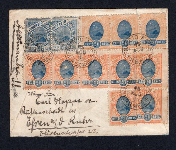BRAZIL - 1898 - MULTIPLE FRANKING: Cover franked with 1894 strip of three 20rs blue & orange yellow, 7 x 20rs blue & orange and pair 50rs blue 'Sugar Loaf' issue (SG 125, 125a & 126) all tied by VENANCIO AYRES (R.G. DO SUL) cds's dated 15 AUG 1898. Addressed to GERMANY with transit & arrival marks on reverse. Some small peripheral faults but a fine & attractive franking.  (BRA/37773)