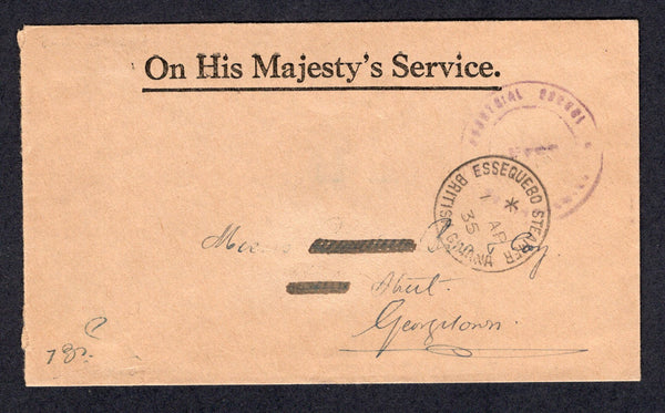 BRITISH GUIANA - 1935 - TRAVELLING POST OFFICES & OFFICIAL MAIL: Stampless 'O.H.M.S.' cover with unclear 'Free' official handstamp in purple with superb strike of ESSEQUEBO STEAMER cds alongside. Addressed to GEORGETOWN with arrival cds on reverse.  (BRG/18093)