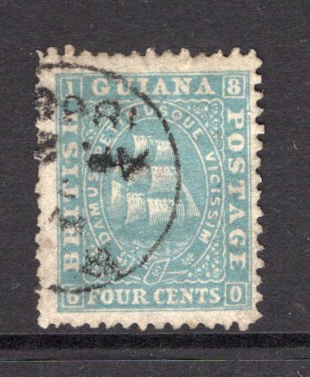 BRITISH GUIANA - 1862 - CLASSIC ISSUES: 4c blue 'Ship' issue on thin paper perf 12½ - 13, a fine used copy with cds cancel dated APR 1868. Scarce used with a dated cancel. (SG 53)  (BRG/37450)