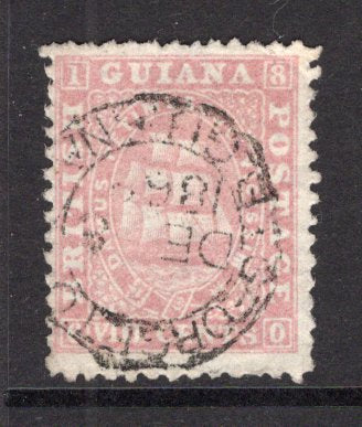 BRITISH GUIANA - 1862 - CLASSIC ISSUES: 8c pink 'Ship' issue on thin paper perf 12½ - 13, a fine used copy with GEORGETOWN cds cancel dated DEC 8 1868. Scarce used with a dated cancel. (SG 73)  (BRG/37452)