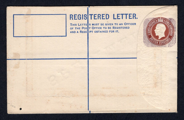 BRITISH HONDURAS - 1915 - POSTAL STATIONERY: 2c + 3c brown on cream GV postal stationery registered envelope with purple 'moire' overprint (H&G C3) with large 'SPECIMEN' overprint in black.  (BRH/27365)
