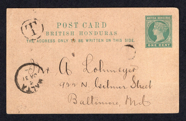 BRITISH HONDURAS - 1902 - POSTAL STATIONERY & ILLEGAL USE: 1c green on buff QV postal stationery card (H&G 7) datelined 'Belize, Brit Hond. Janu 10th 1902' seemingly sent by ship to Malta and posted in Malta with 'O' handstamp by stamp and 'T' in circle TAX marking with MALTA cds dated JAN 31 1902 struck away from stamp impression. Addressed to USA with arrival cds dated FEB 14 1902 on reverse. A highly unusual use.  (BRH/39872)
