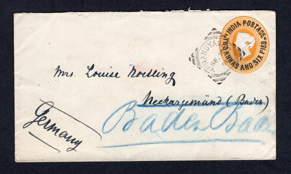 BURMA - 1891 - INDIA USED IN BURMA & CANCELLATION: 2a 6p on 4a 6p yellow QV postal stationery envelope of India (H&G B5) used with fine strike of YENANYAUNG squared circle cds dated SEP 30 1891. Addressed to GERMANY with SEA POST OFFICE 'C' transit cds on reverse with various other transit and arrival marks.  (BUR/35899)