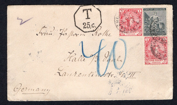 CAPE OF GOOD HOPE - 1896 - SEATED HOPE ISSUE: Cover franked with 1884 ½d black 'Seated Hope' issue and 2 x 1893 1d rose red 'Standing Hope' issue (SG 48 & 59) tied by STELLENBOSCH cds's. Addressed to GERMANY, taxed with octagonal 'T 25c' marking in black and large '40' in blue crayon on front and arrival cds on reverse.  (CAP/18457)