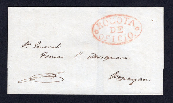 COLOMBIA - 1833 - PRESTAMP: Circa 1833. Cover from BOGOTA to POPAYAN with fine oval BOGOTA DE OFICIO marking in red. Very fine.  (COL/17421)