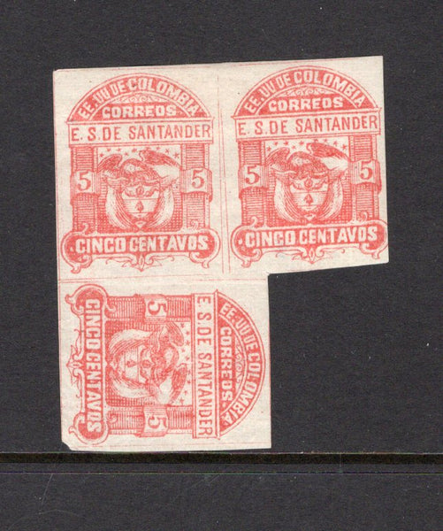 COLOMBIAN STATES - SANTANDER - 1886 - MULTIPLE & VARIETY: 5c red 'Second' issue a fine mint irregular block of three with variety STAMP TURNED SIDEWAYS AT BOTTOM. Small thin on reverse. (SG 5a)  (COL/25381)