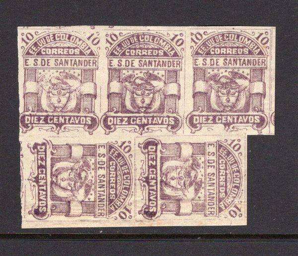 COLOMBIAN STATES - SANTANDER - 1886 - MULTIPLE & VARIETY: 10c indigo lilac 'Second' issue a fine mint irregular block of five with variety TWO STAMPS TURNED SIDEWAYS AT BOTTOM. (SG 6a)  (COL/25382)