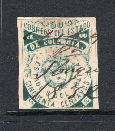 COLOMBIAN STATES - TOLIMA - 1871 - TOLIMA - CLASSIC ISSUES: 50c deep green used with nice three line IBAGUE 1872 manuscript cancel, four margins. Light vertical crease but a scarce stamp in genuine used condition. (SG 16)  (COL/27705)