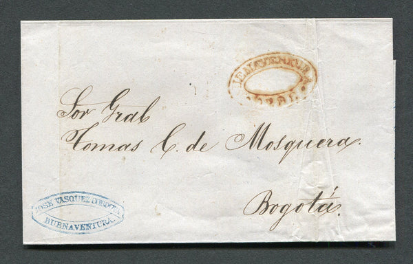 COLOMBIA - 1856 - PRESTAMP: Cover from BUENAVENTURA to BOGOTA with blue firms cachet at lower left and good strike of double lined oval BUENAVENTURA DEBE marking in red, without any rate marking. A scarce marking.  (COL/27857)