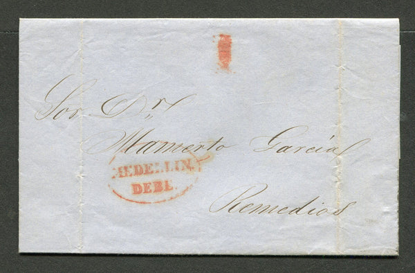 COLOMBIA - 1850 - PRESTAMP: Complete folded letter from MEDELLIN to REMEDIOS with fine strike of oval MEDELLIN DEBE marking in red with '1' rate marking alongside also in red.  (COL/29444)