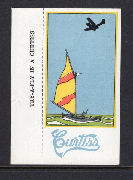 COLOMBIAN AIRMAILS - CCNA - 1920 - UNISSUED: Unadopted 'Curtiss Airplane Co.' advertising label depicting scene with biplane flying over the sea with sailing boat below, with 'Curtiss' logo and 'TRY-A-FLY IN A CURTISS' text in margin. Of the eighteen different labels nine were overprinted to create the 1920 airmail provisionals. A Rare item.  (COL/2986)