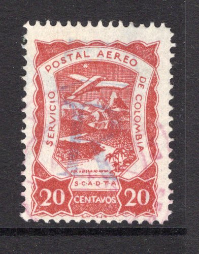 COLOMBIAN AIRMAILS - SCADTA - 1921 - REGISTRATION ISSUE: 20c orange brown with medium 'R' handstamp in blue, a fine used copy with light cds. (SG R33c)  (COL/31988)