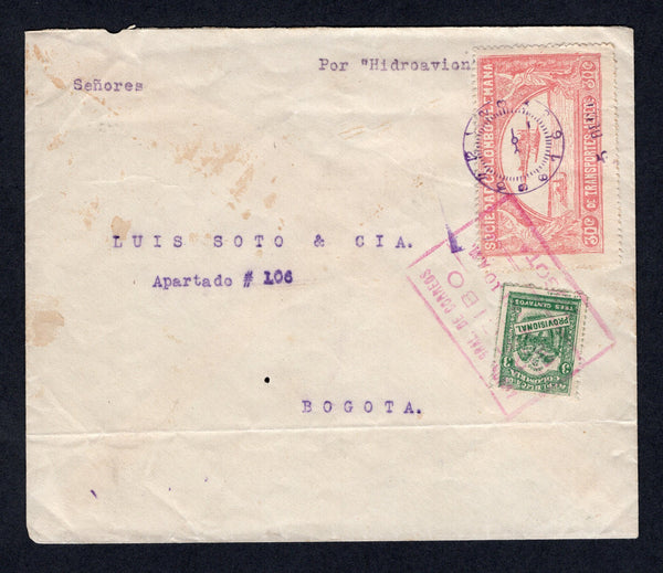 COLOMBIAN AIRMAILS - SCADTA - 1921 - VALIENTE ISSUE: Cover with printed 'Barranquilla' return address on reverse franked on front with 1920 3c green and SCADTA 1921 30c brown rose 'Valiente' issue (SG 384A & 14) tied by CLOCK cancel in purple dated 5 DEC 1921 and by boxed RECIBO BOGOTA arrival cancel in magenta. Addressed to BOGOTA. A very scarce issue on cover.  (COL/35202)