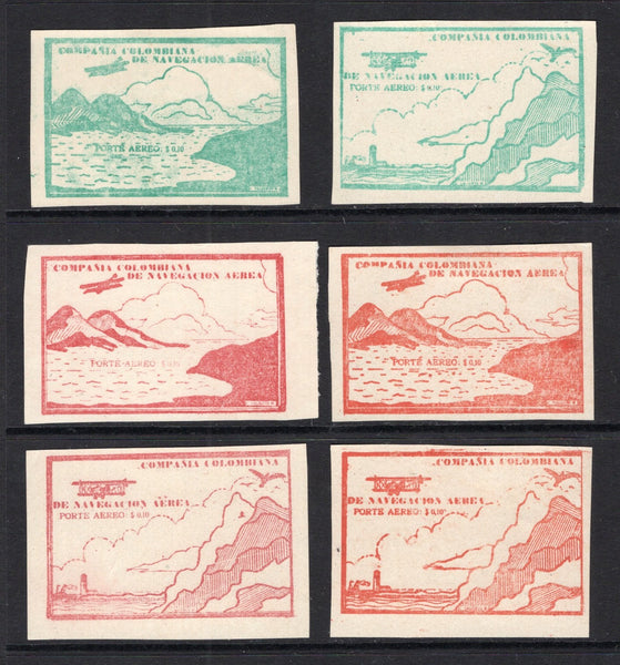 COLOMBIAN AIRMAILS - CCNA - 1920 - VALIENTE ISSUE: 10c green both designed, 10c brick red both designs and 10c brown red both designs 'Valiente' issue, the set of six fine unused. (SG 11/14, 13a & 14a)  (COL/37066)