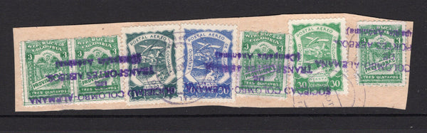 COLOMBIAN AIRMAILS - SCADTA - Circa 1921 - CANCELLATION: 10c slate green, 30c green and 50c grey blue SCADTA 'Litho' issue plus 4 x 1920 3c bright green 'National' issue all tied on large piece by two light strikes of undated SERVICIO POSTAL SCADTA CARTAGENA cds's and three strikes of four line 'SOCIEDAD COLOBO-ALEMANA DE TRANSPORTES AEREOS (Compania Anonima)' cancel in purple. (SG 19, 22/23 & 384B)  (COL/37751)
