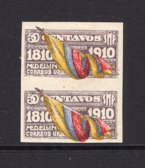 COLOMBIAN PRIVATE EXPRESS COMPANIES - 1910 - MEDELLIN - VARIETY: 50c brown, yellow, blue & red 'Correos Urbano SMP Medellin' centenary 'Flag' issue (produced to commemorate the Centenary of Independence). A good mint IMPERF PAIR. Some light thinning on reverse but scarce. (Hurt & Williams #15 variety)  (COL/41062)
