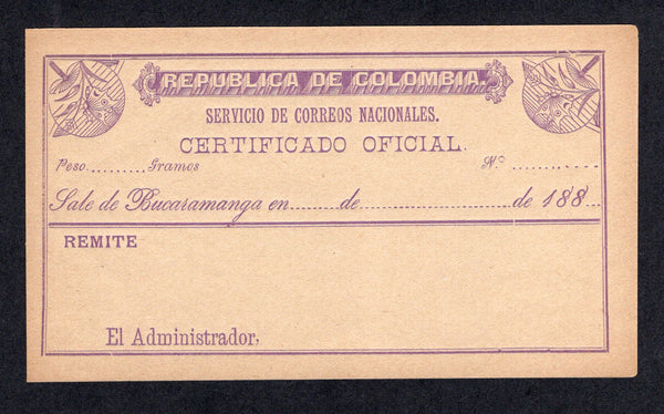 COLOMBIAN STATES - SANTANDER - 1888 - OFFICIAL CUBIERTA: Violet on dark buff paper 'Official Cubierta' inscribed 'Republica de Colombia SERVICIO DE CORREOS CERTIFICADO OFICIAL' and 'Sale de Bucaramanga'. A fine unused example. Very scarce. (H&G MCC6)  (COL/41567)