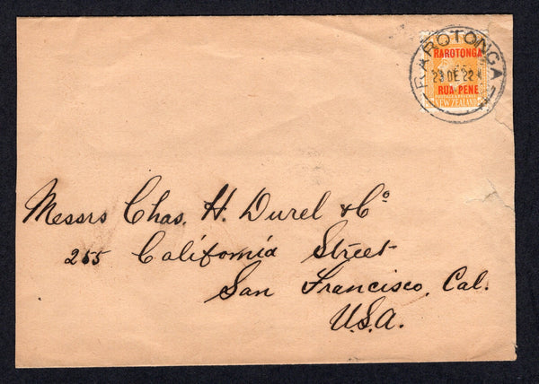 COOK ISLANDS - 1922 - GV ISSUE: Cover franked with single 1919 2d yellow GV issue with 'RAROTONGA' overprint (SG 58) tied by RAROTONGA cds dated 23 DEC 1922. Addressed to USA. Cover slightly trimmed at left otherwise very fine.  (COO/24788)