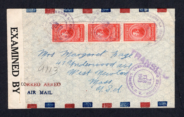 COSTA RICA - GUANACASTE - 1943 - CANCELLATION: Censored cover franked with 4 x 1943 15c vermilion (SG 337) on reverse all tied by multiple strikes of CORREOS LA CRUZ GUANACASTE cds. Addressed to USA with straight line 'TRANSITO' markings and LIBERIA transit cds all on front. USA Censor strip at left. Scarce origination.  (COS/8599)