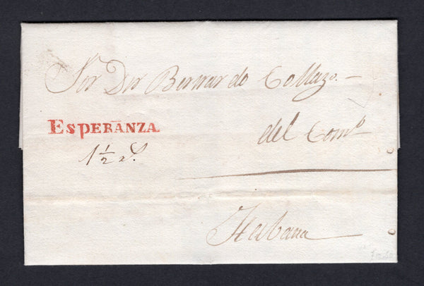 CUBA - 1833 - PRESTAMP: Complete folded letter from ESPERANZA to HAVANA with fine strike of straight line 'ESPERANZA' marking in red. Rated '1½r' in manuscript.  (CUB/36487)