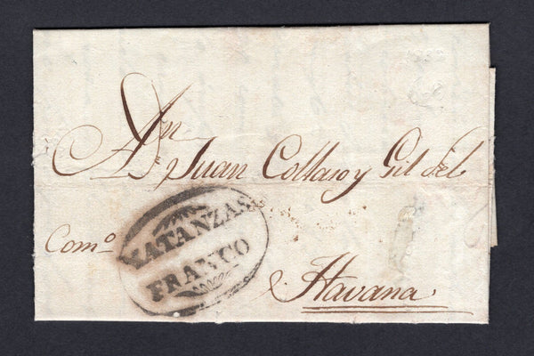 CUBA - 1838 - PRESTAMP: Folded letter from MATANZAS to HAVANA with superb strike of fancy oval MATANZAS FRANCO in black. A little worn in places.  (CUB/525)