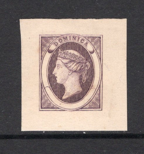 DOMINICA - 1870 - CINDERELLA & BOGUS: Undenominated finely engraved 'Queen Victoria' bogus ESSAY of an unissued design in brown on thin card with large margins all round. Produced by S Allan Taylor and the Boston Gang. Rare.  (DMN/34435)