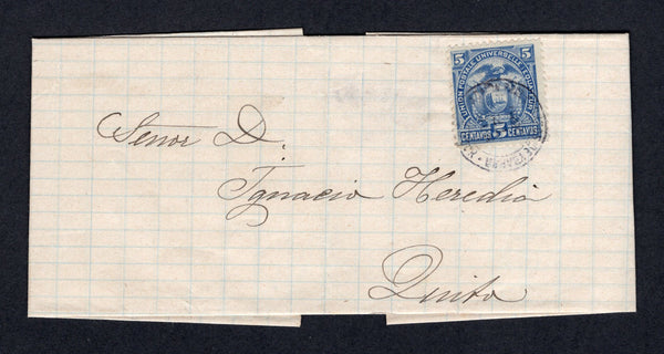 ECUADOR - 1891 - PERFORATED CLASSICS & CANCELLATION: Folded letter franked with 1887 5c blue (SG 28) tied by small ADMON PRAL DE CORREOS DE YBARRA cds.  Addressed to QUITO. Fine.  (ECU/2144)