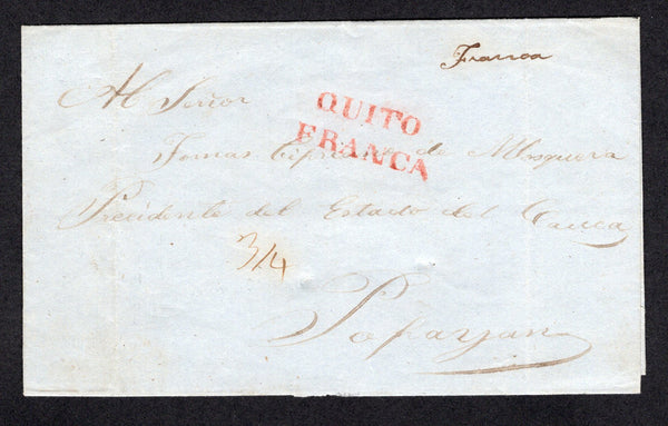 ECUADOR - 1859 - PRESTAMP: Cover with manuscript 'FRANCA' at top and '¾' below with fine strike of QUITO FRANCA marking in bright red. Addressed to POPAYAN, ESTADO DEL CAUCA, COLOMBIA. Prestamp mail is scarce addressed to other countries.  (ECU/34898)