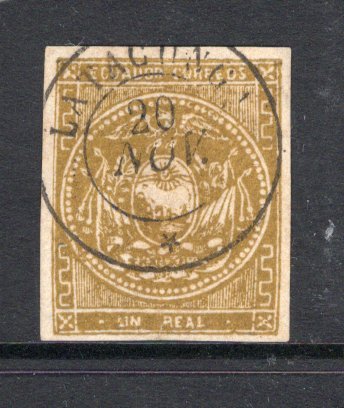 ECUADOR - 1865 - CLASSIC ISSUE & CANCELLATION: 1r bistre on white wove paper, fine impression. A superb used four margin copy with central LATACUNGA cds, dated 20 NOV but without the year slug. Tiny thin on reverse but a beautiful looking stamp. (SG 2b)  (ECU/39102)