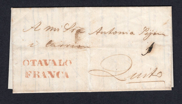 ECUADOR - 1842 - PRESTAMP: Small folded letter from OTAVALO to QUITO with fine strike of OTAVALO FRANCA marking in red, rated '1' in manuscript.  (ECU/543)