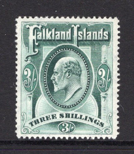 FALKLAND ISLANDS - 1904 - EVII ISSUE: 3/- deep green EVII issue, a fine mint copy. (SG 49b)  (FAL/29111)